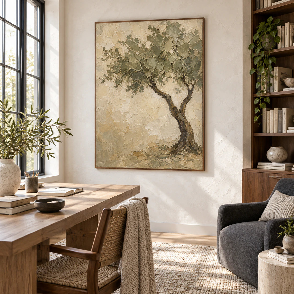 Textured olive tree painting in an airy home office reading space.