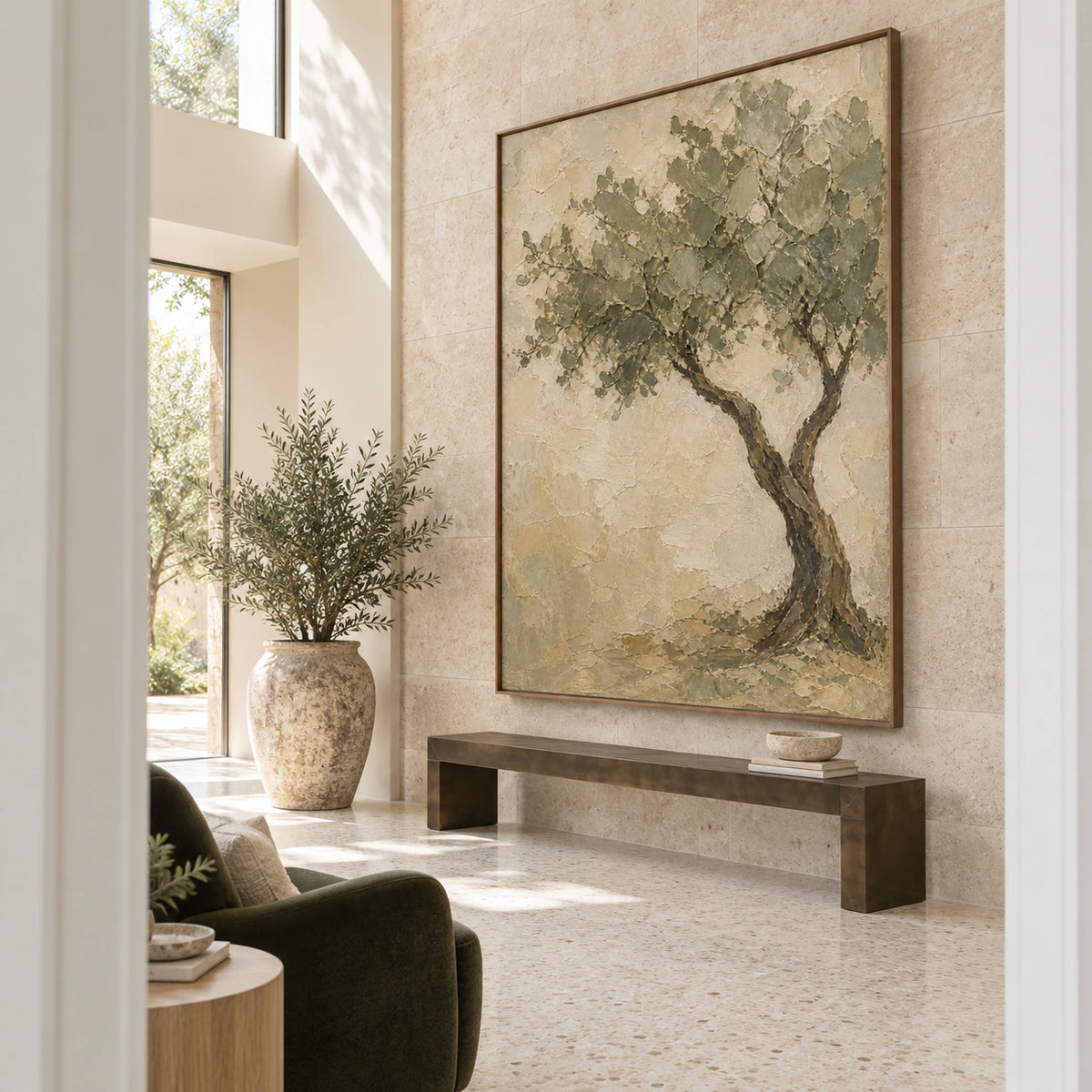 Large textured olive tree painting in a gallery-scale daylight foyer.