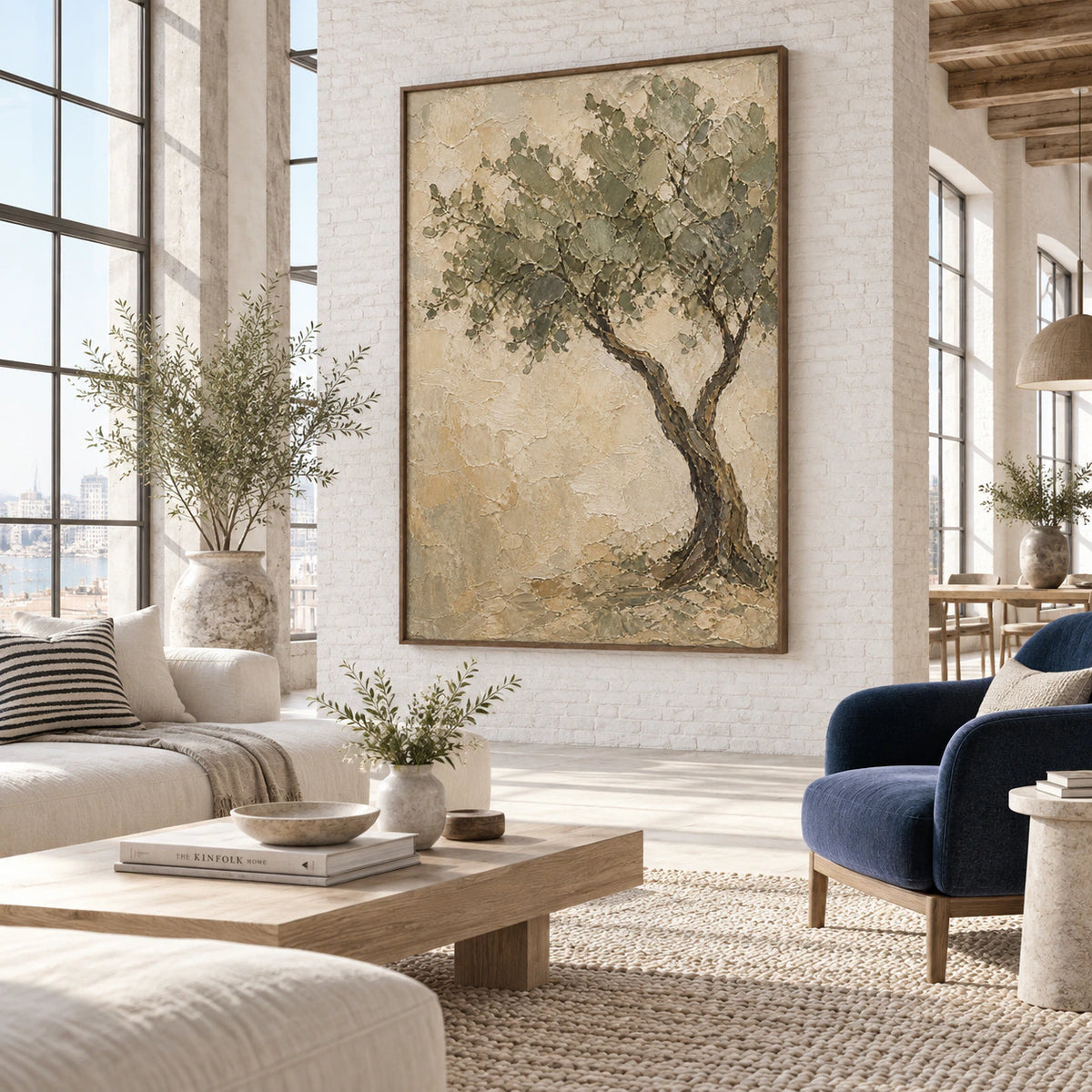 Textured olive tree painting featured in an expansive loft hospitality interior.