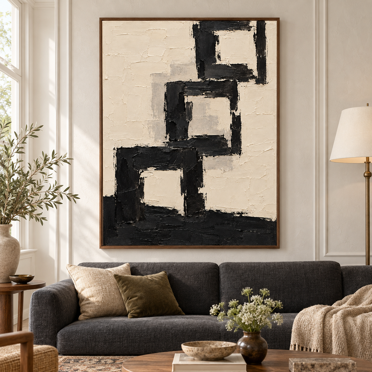 Onyx Arcade hangs prominently above a low charcoal sofa in a bright living room with pale walls, daylight and restrained furnishings.