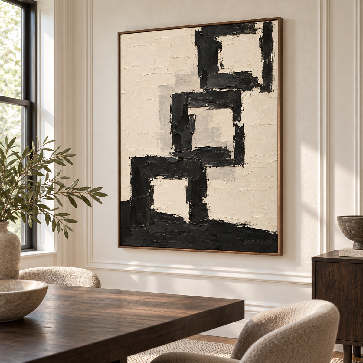 Onyx Arcade anchors a refined dining room above a dark wood table, with light stone walls, sculptural chairs and soft natural daylight.