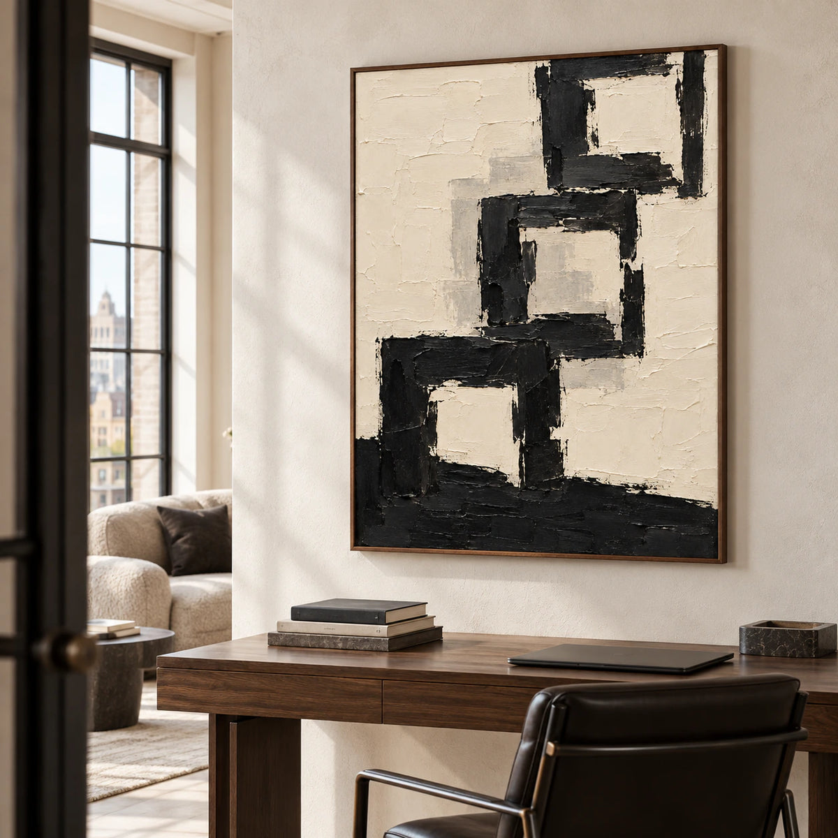 Onyx Arcade takes focus in an airy home office beside a clean-lined desk, with daylight, open wall space and understated furnishings.