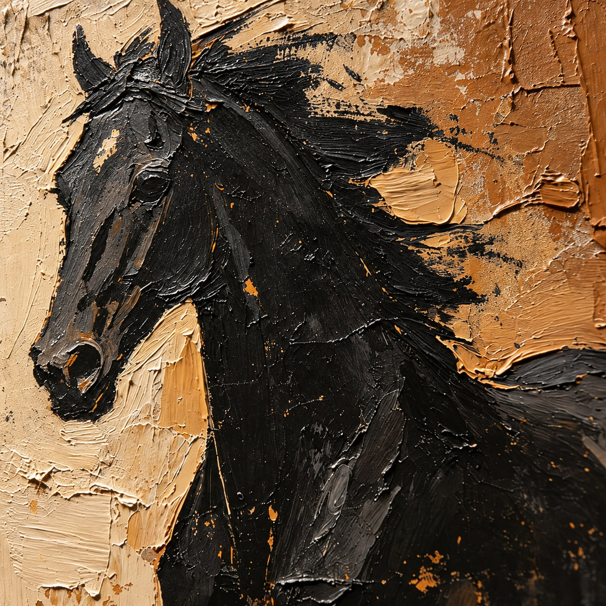 Onyx-Gallop oil painting brushwork and impasto detail photographed from an oblique side angle