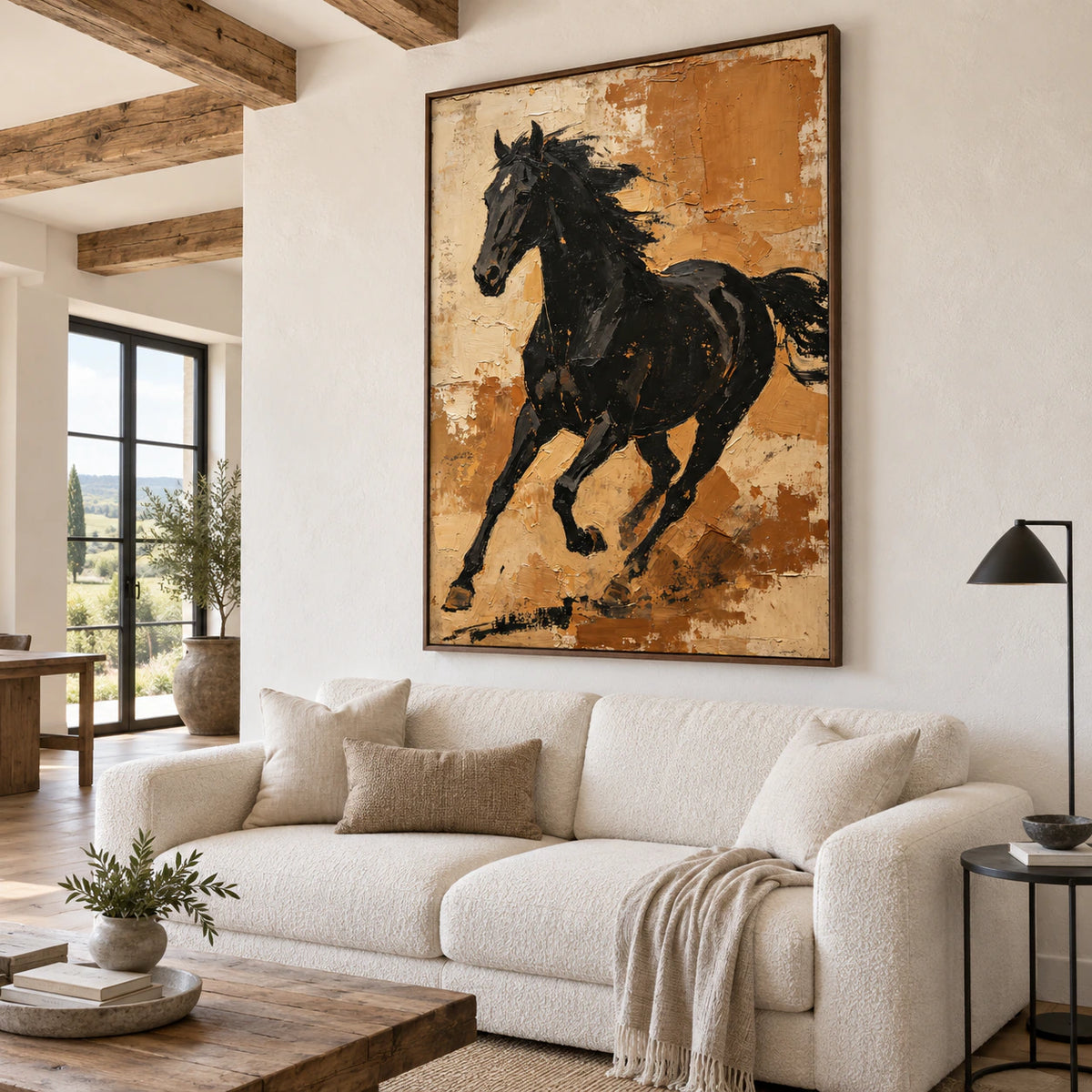 Onyx-Gallop as the focal artwork in a bright contemporary living room.