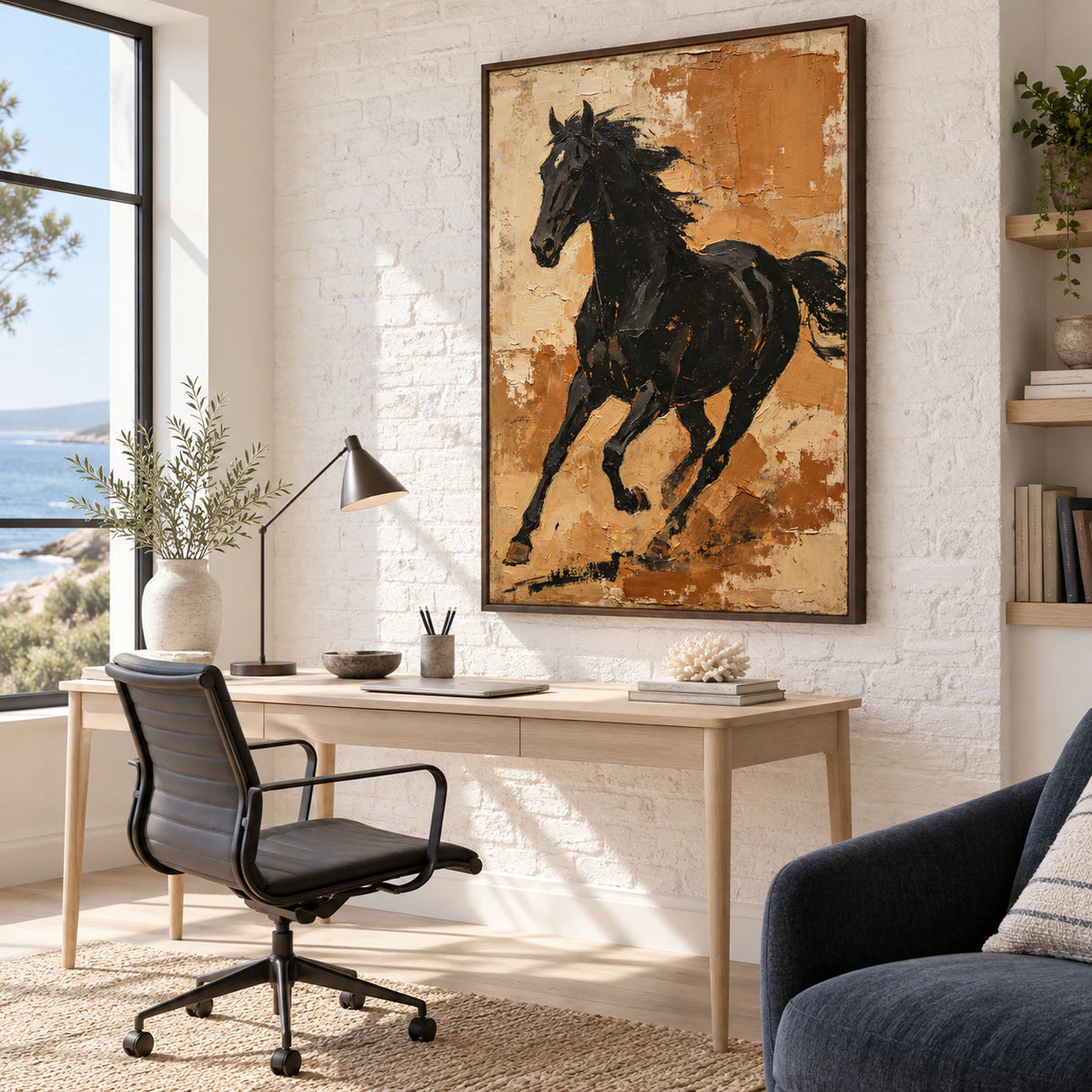 Onyx-Gallop displayed in an airy home office reading space.