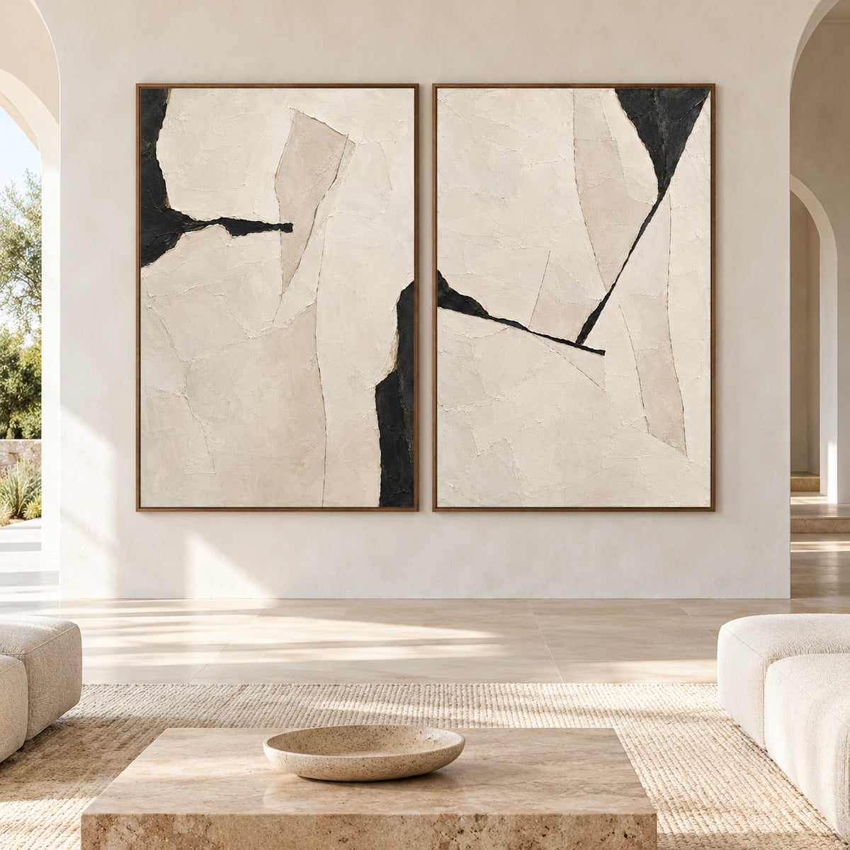 Large straight-on architectural room with the Onyx-Rupture ivory and charcoal diptych in slim walnut frames.