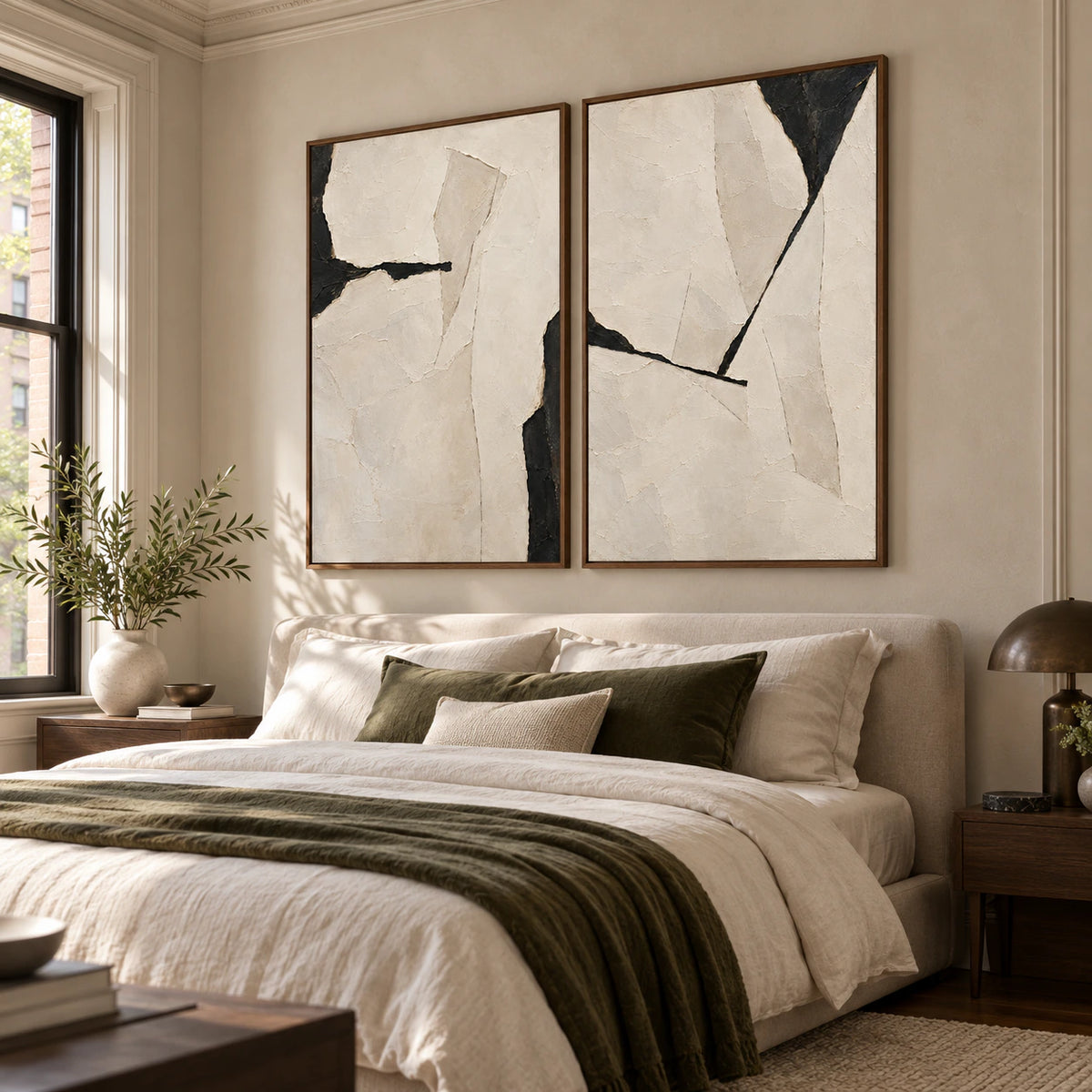 Quiet bedroom featuring the Onyx-Rupture coordinated textured diptych.