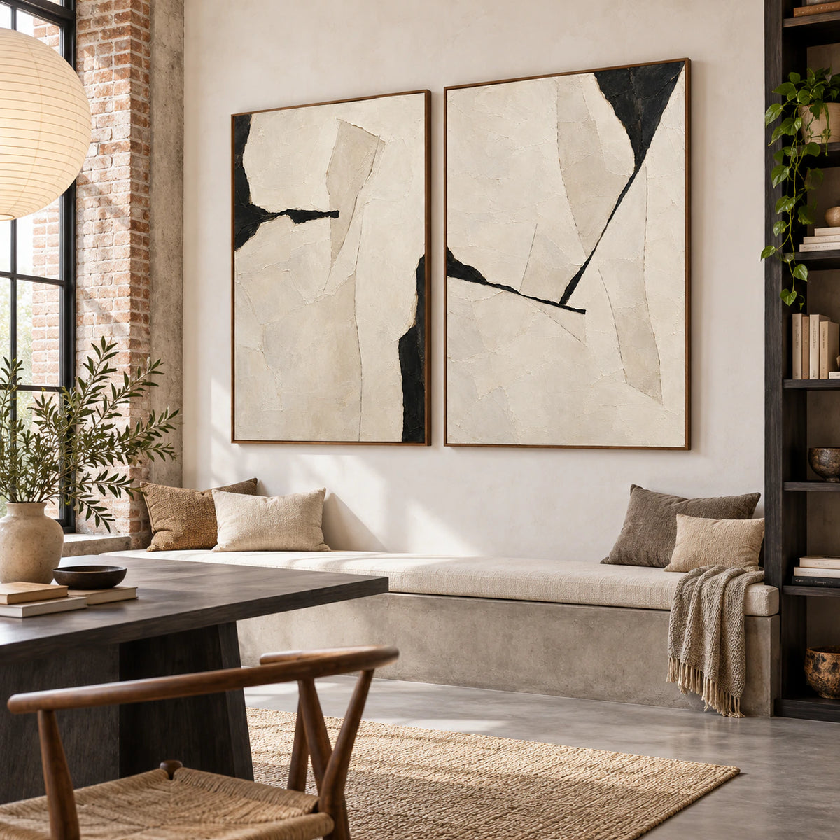 Airy reading office with the Onyx-Rupture two-piece vertical canvas set.