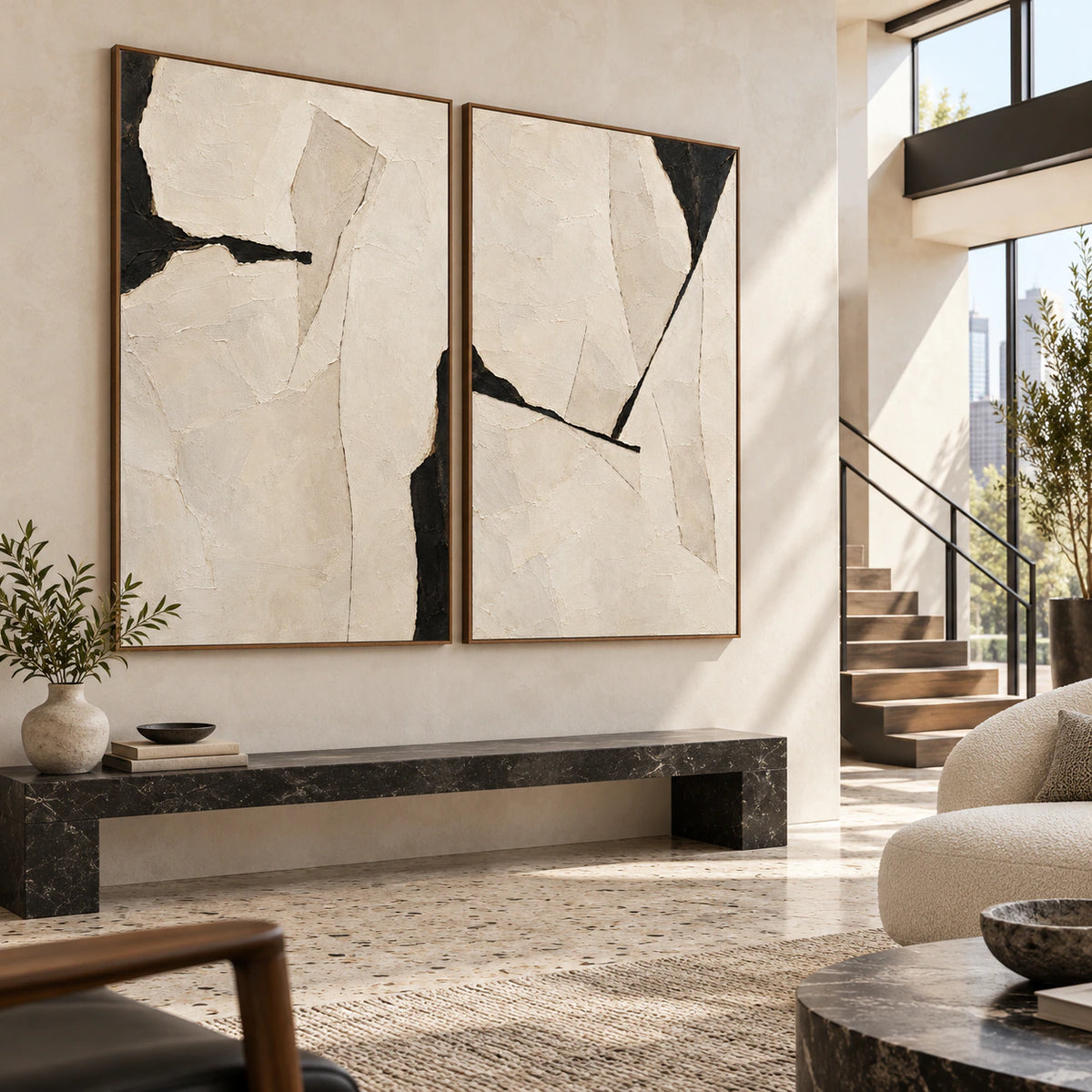 Gallery-scale foyer with the Onyx-Rupture ivory textured diptych.