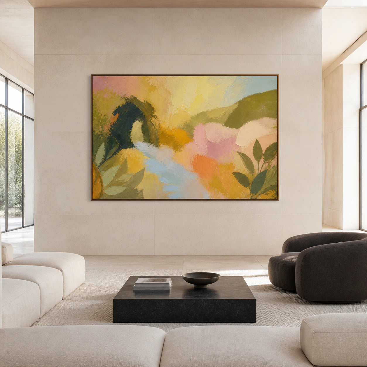 Large Orchard-Radiance painting displayed straight-on in a bright, spacious architectural living room.