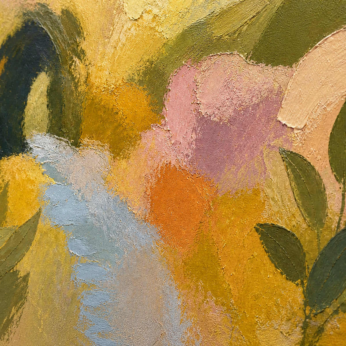 Orchard-Radiance oil painting brushwork and impasto detail photographed from an oblique side angle