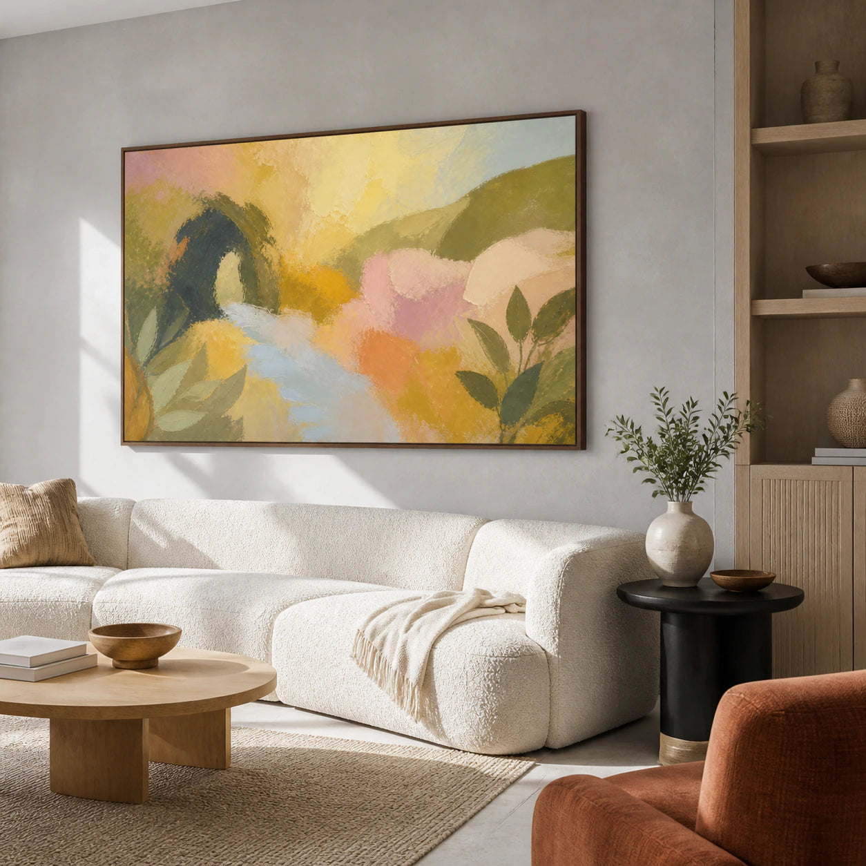 Orchard-Radiance as the focal artwork above a restrained sofa in a bright living room.