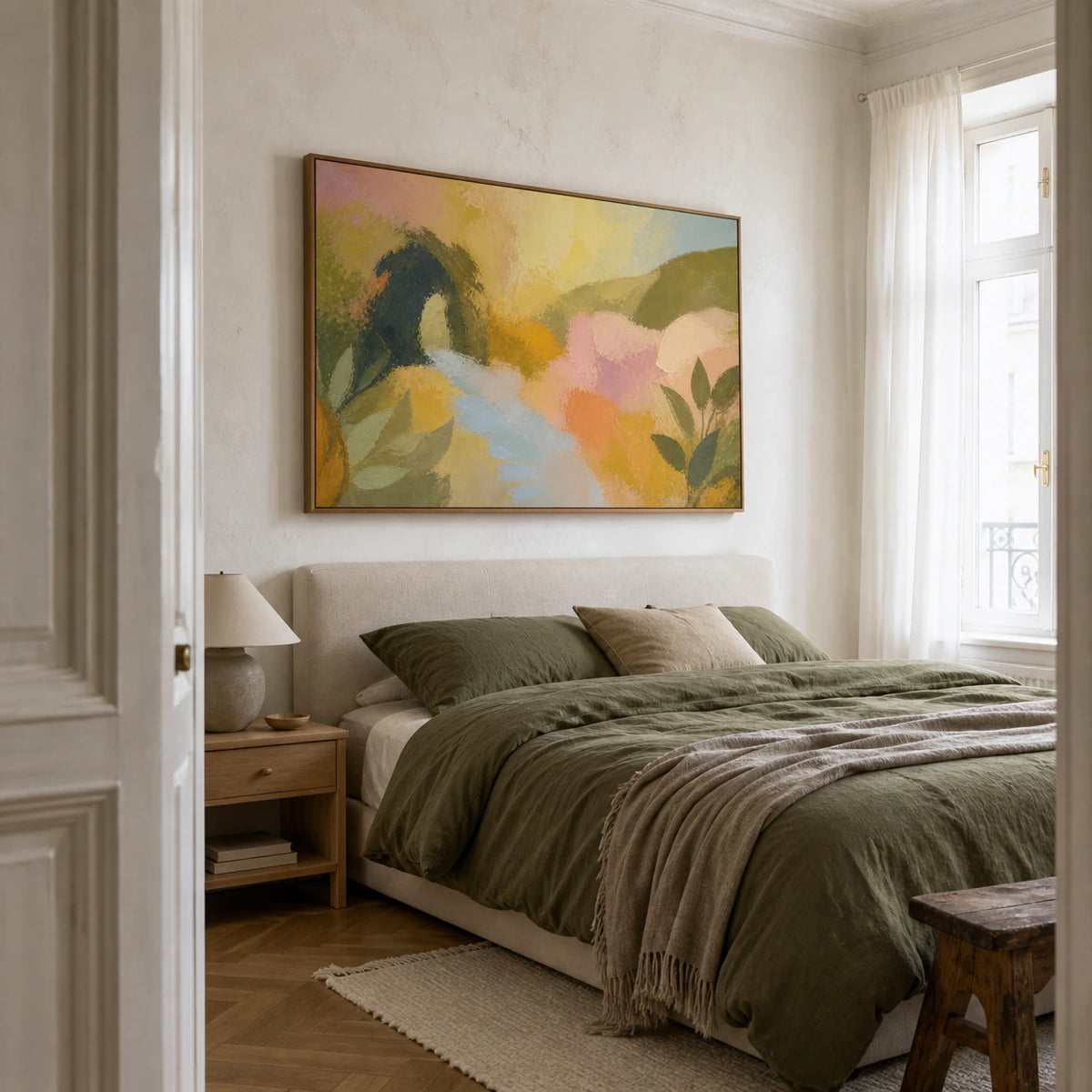 Orchard-Radiance bringing warm layered color to a quiet, airy bedroom.