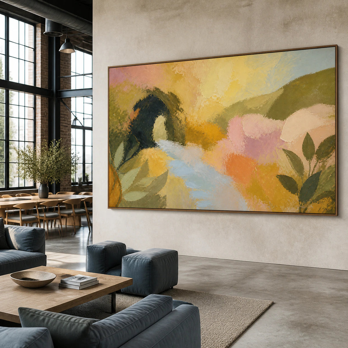 Orchard-Radiance as a large focal point in a luminous loft hospitality interior.