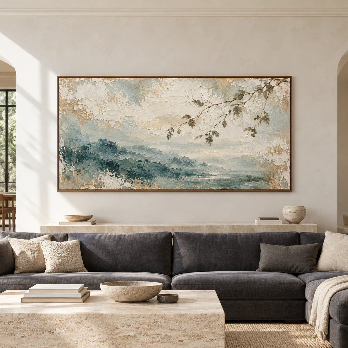 Straight-on view of Overhanging-Mist in a spacious living room with a charcoal sofa, pale stone console and warm neutral walls.