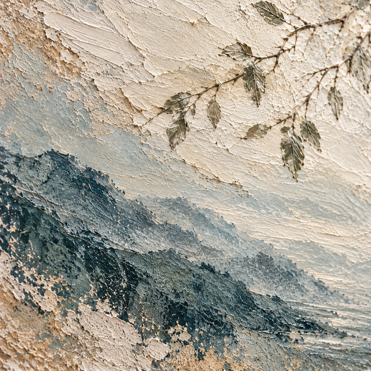 Close-up of Overhanging-Mist from an oblique side angle, with grazing light revealing raised paint texture and shallow shadows.