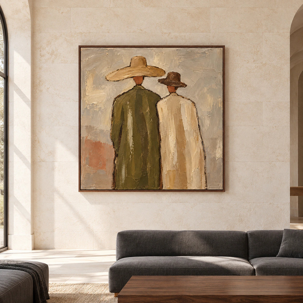 Large square Paired-Silhouettes painting centered on a bright, spacious gallery wall, shown straight-on.