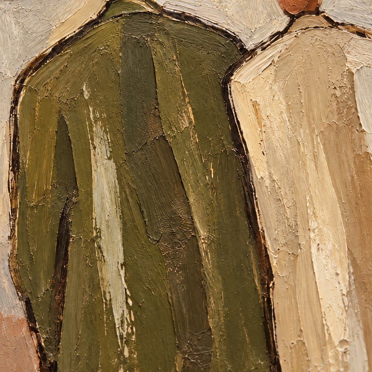 Paired-Silhouettes oil painting brushwork and impasto detail photographed from an oblique side angle