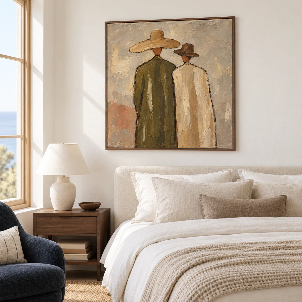 Paired-Silhouettes above a simple bed in a quiet, sunlit bedroom with pale linen and dark wood accents.