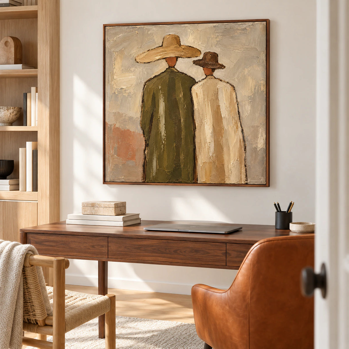 Paired-Silhouettes in an airy reading space with a walnut desk, a woven chair and soft natural light.