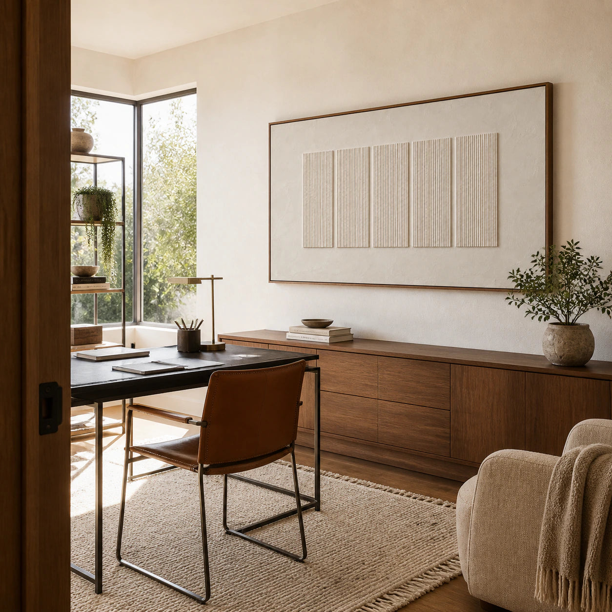 Pale-Accord displayed prominently in an airy home office reading space.