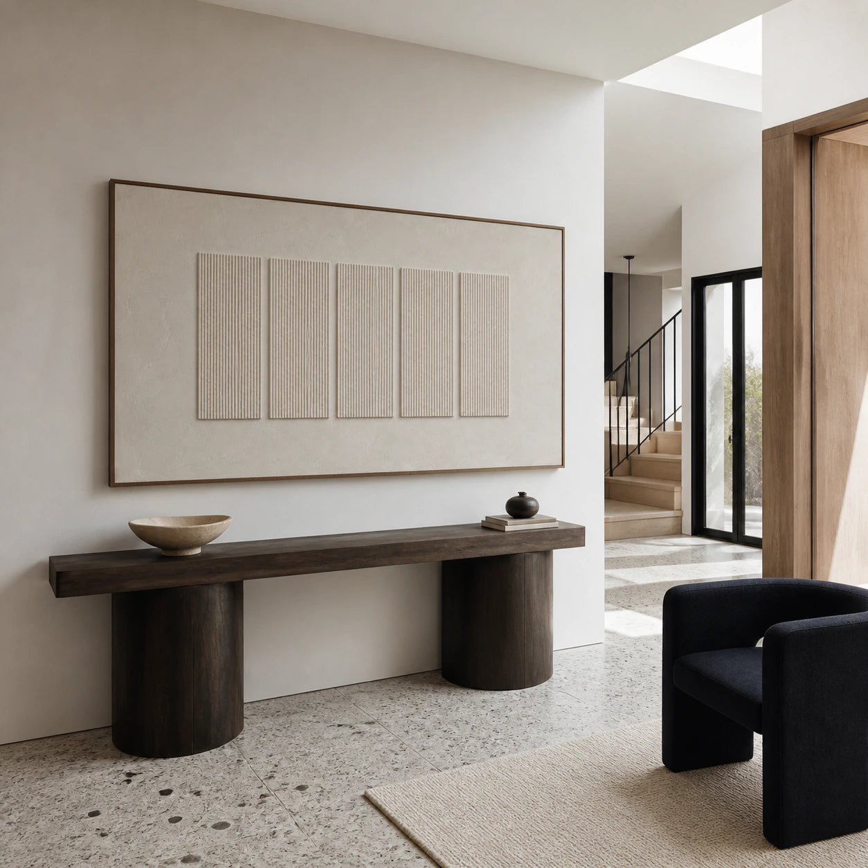 Pale-Accord scaled for a bright gallery-like foyer with architectural depth.