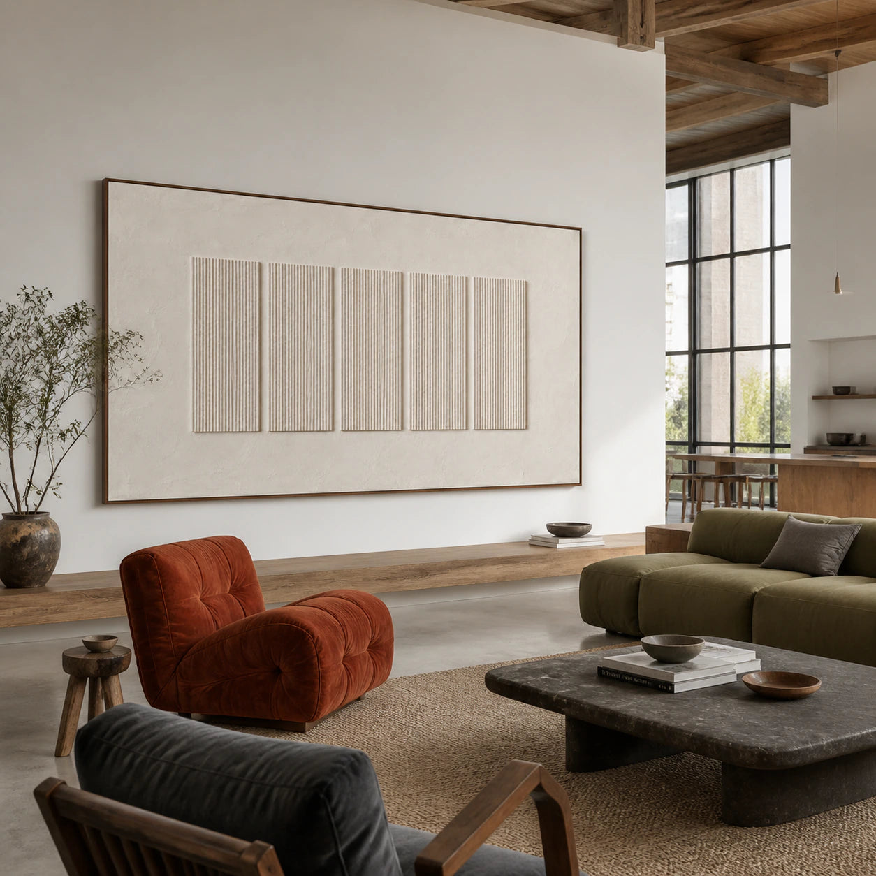 Pale-Accord as a large focal work in an open loft hospitality interior.