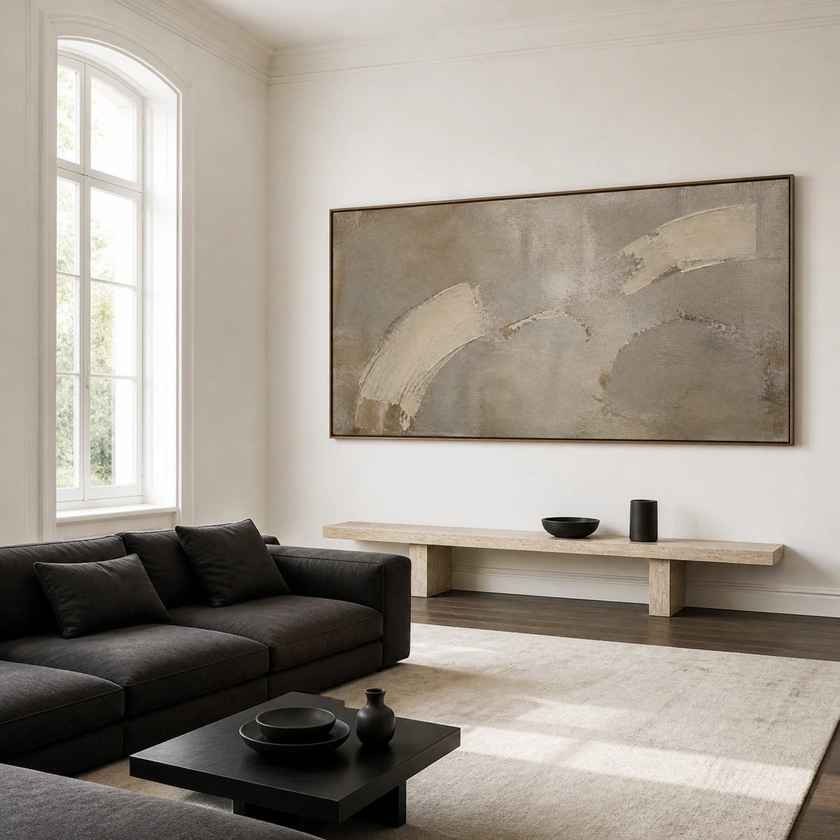 Pale-Arc as a large focal point above a restrained sofa in a bright contemporary living room.