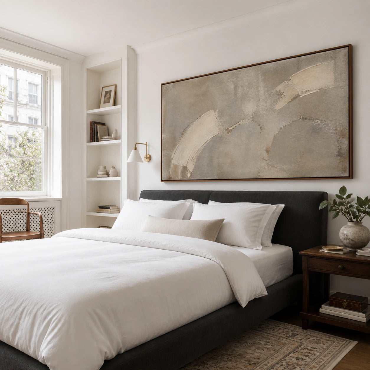 Pale-Arc above a low bed in a quiet, sunlit bedroom with soft neutral furnishings.