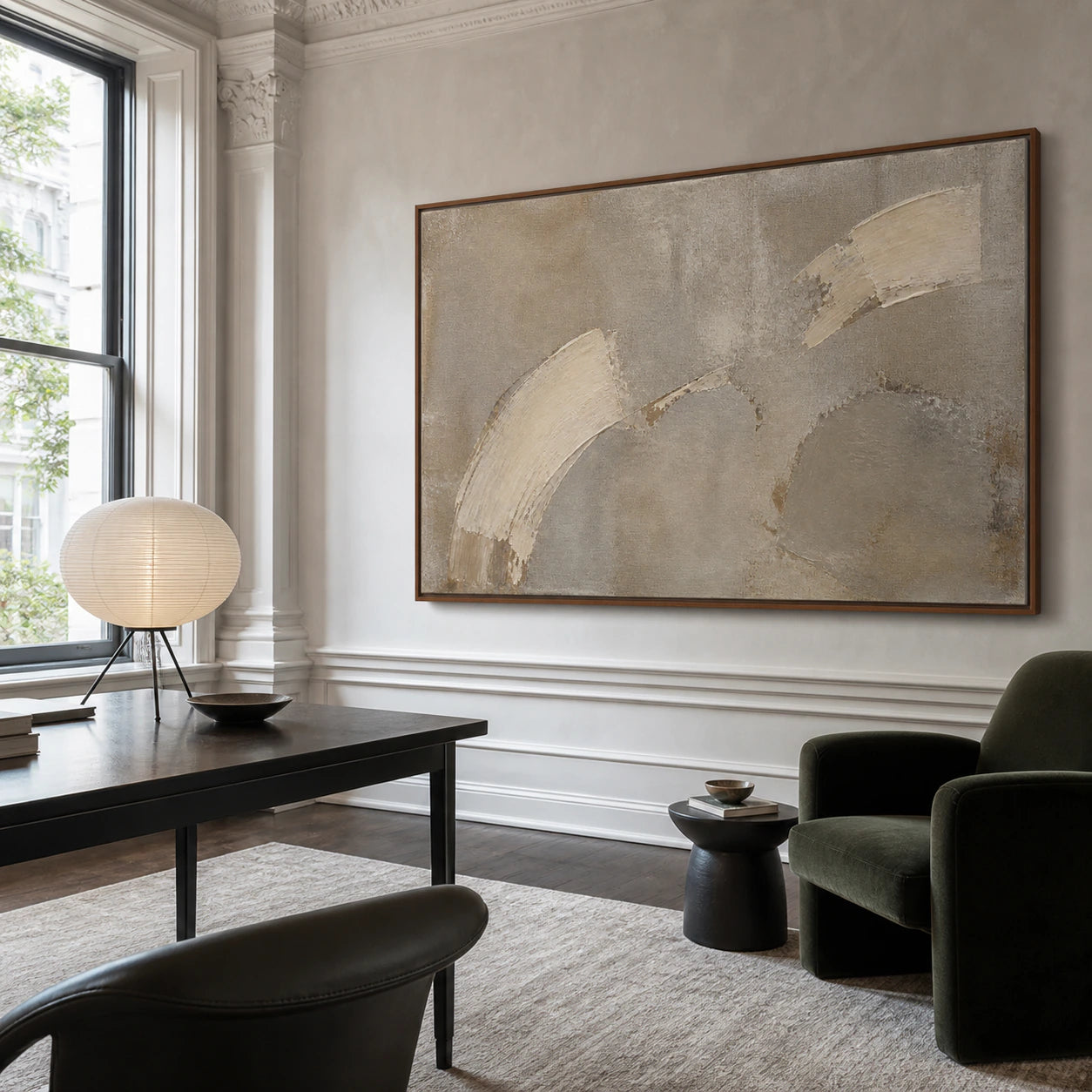 Pale-Arc as the central artwork in an airy home office and reading space.