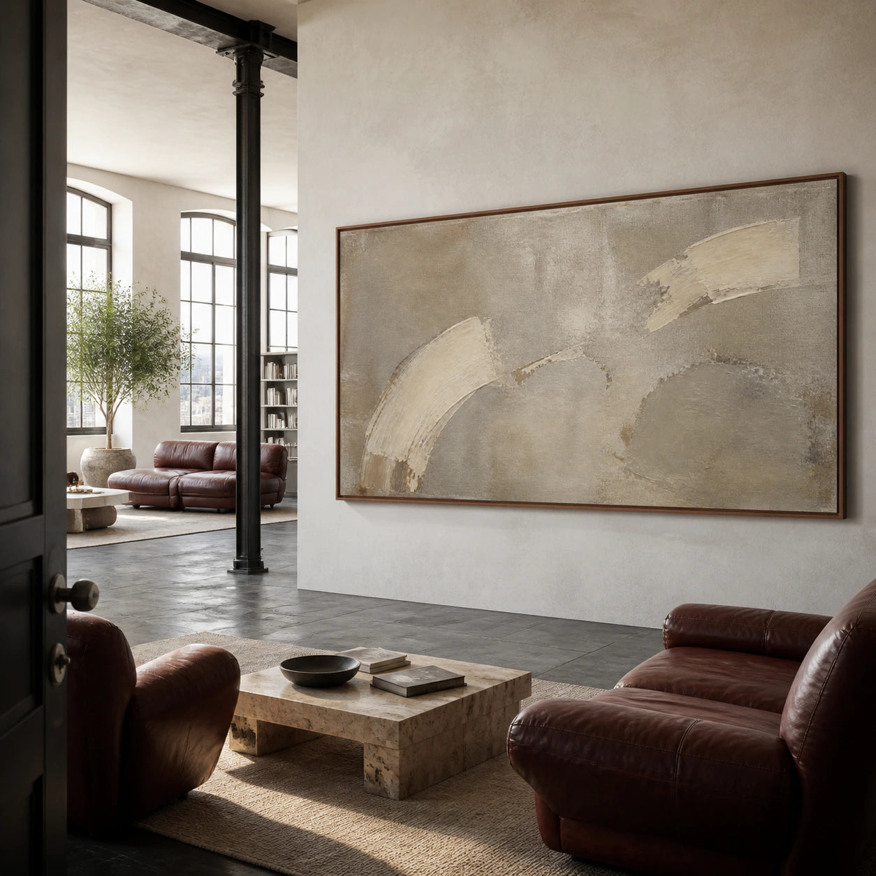 Pale-Arc as a commanding focal artwork in an expansive loft hospitality interior.