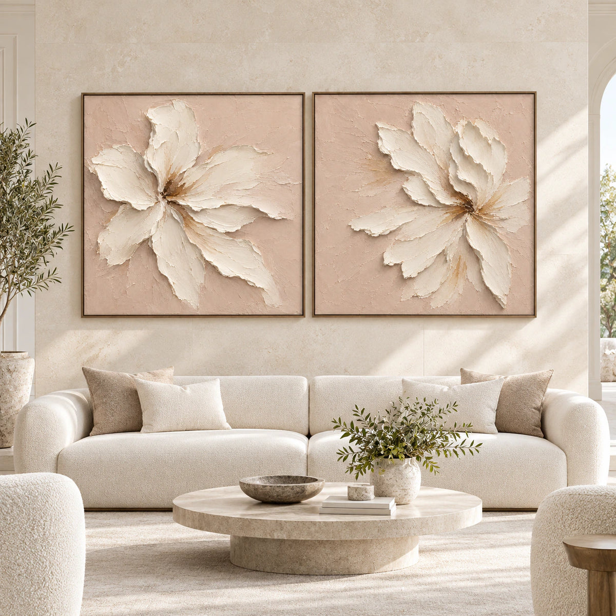 Large straight-on architectural room with the Pale-Bloom diptych in slim walnut frames hung side by side.
