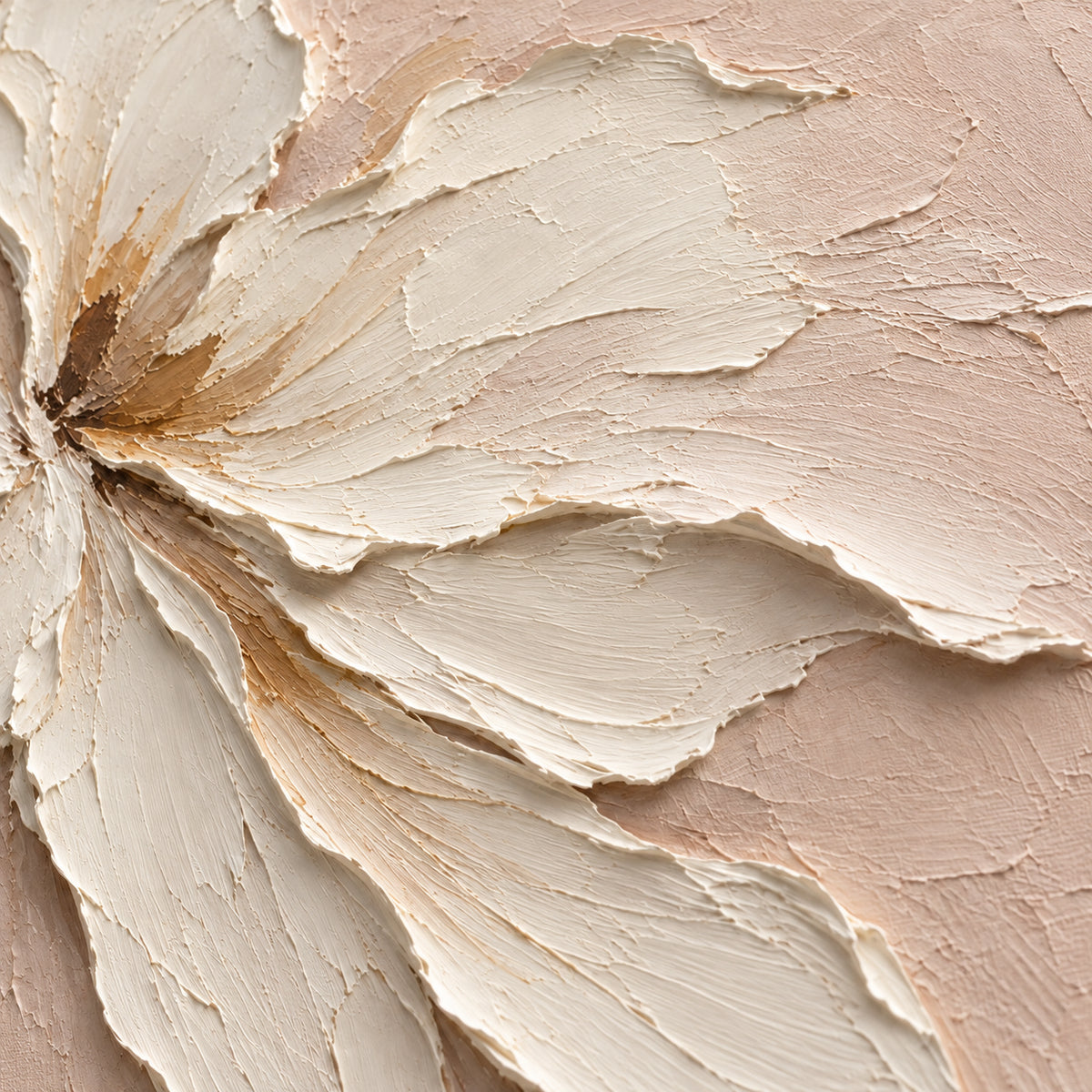 Pale-Bloom oil painting brushwork and impasto detail photographed from an oblique side angle