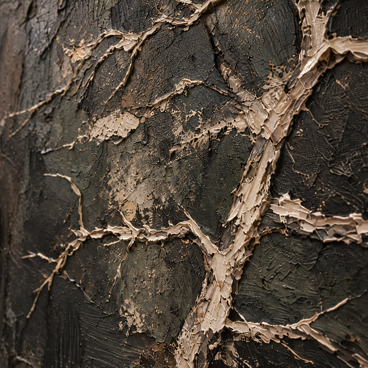 Pale-Branches oil painting brushwork and impasto detail photographed from an oblique side angle