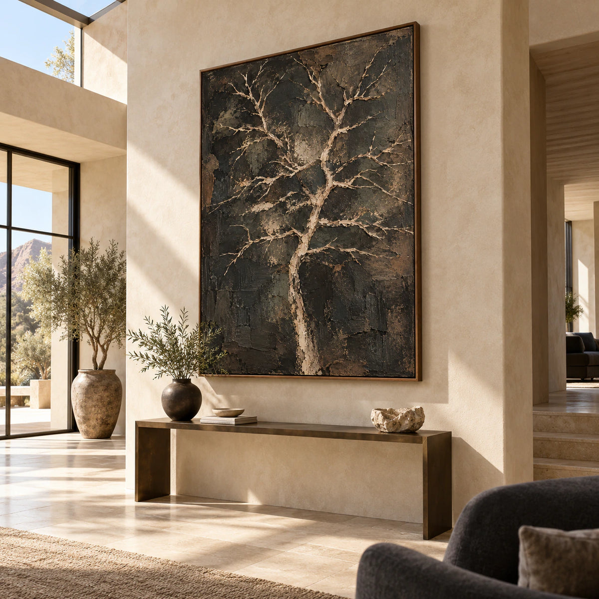 Pale-Branches presented at gallery scale in a bright architectural foyer.