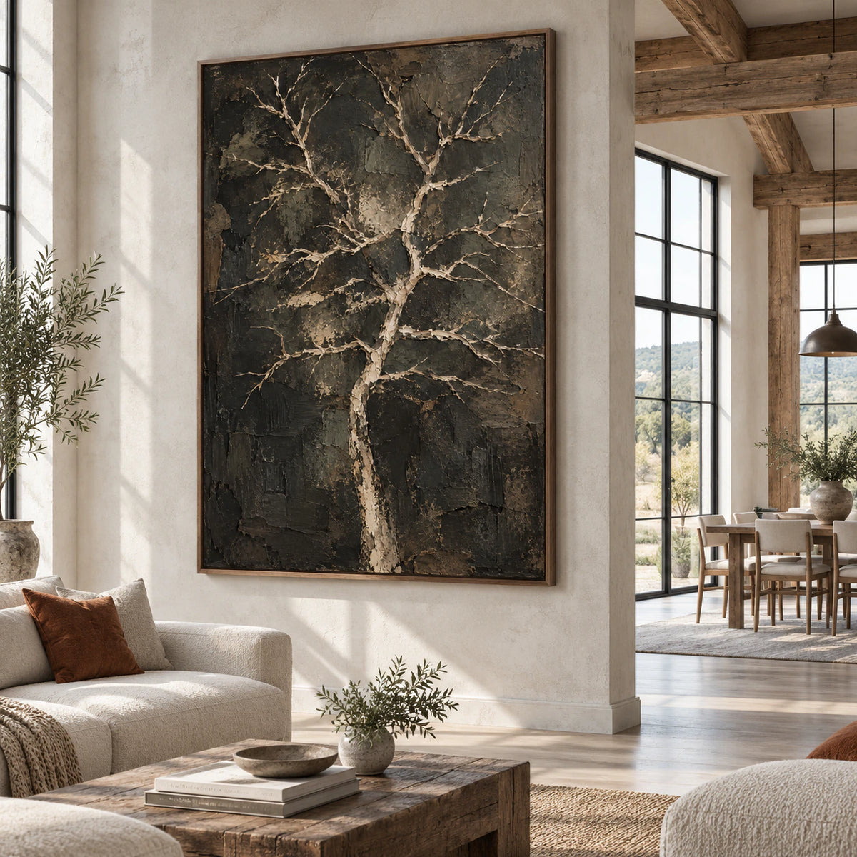 Pale-Branches anchoring an expansive daylight hospitality loft interior.