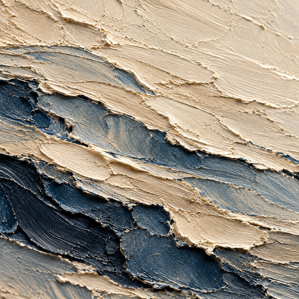 Oblique close-up of the oil painting’s cream and blue strokes, with grazing light revealing raised paint ridges and shallow shadows.