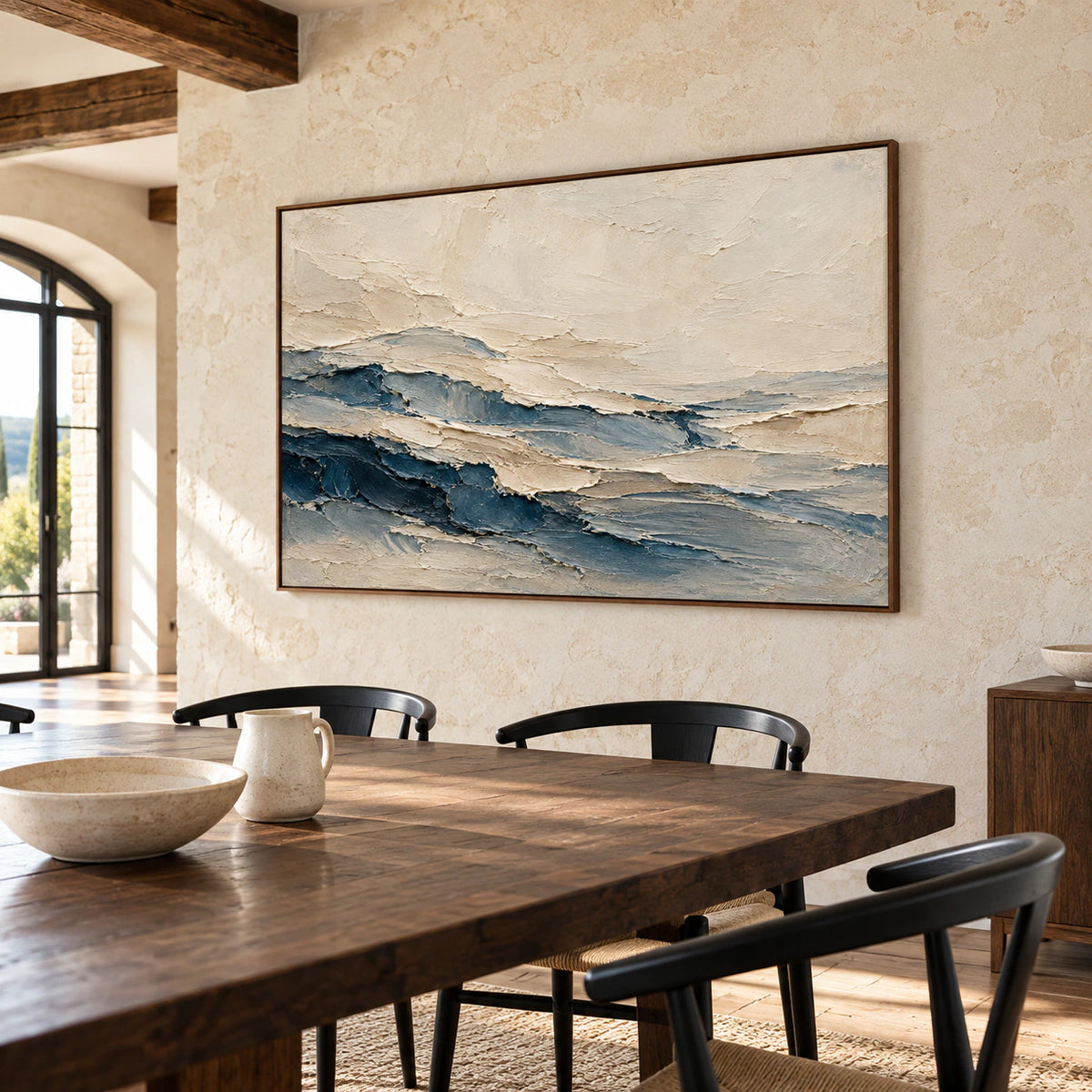 Horizontal layered abstract painting on a dining room wall in clear daylight.