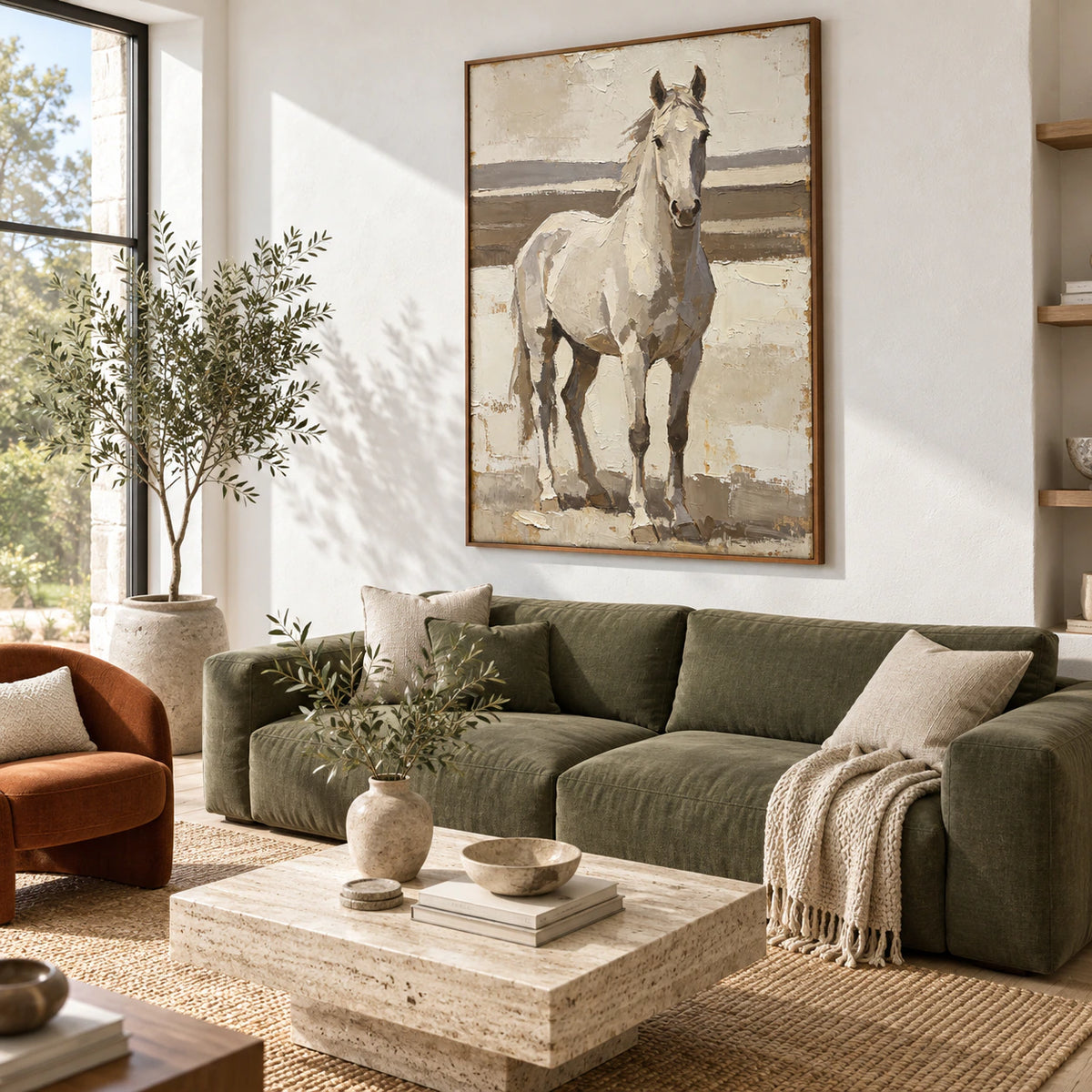 Pale-Canter above a restrained sofa in a bright modern living room.