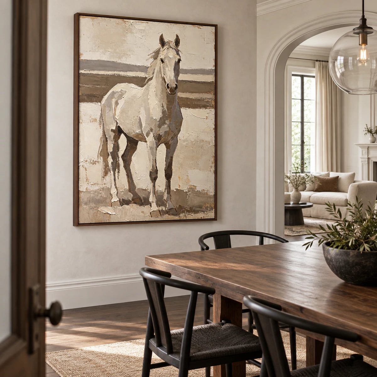 Pale-Canter as the focal artwork in a refined daylight dining room.