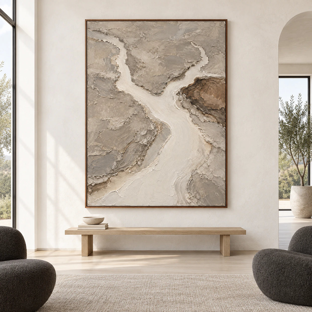 Pale-Confluence displayed at large scale on a gallery wall in a spacious, sunlit interior.