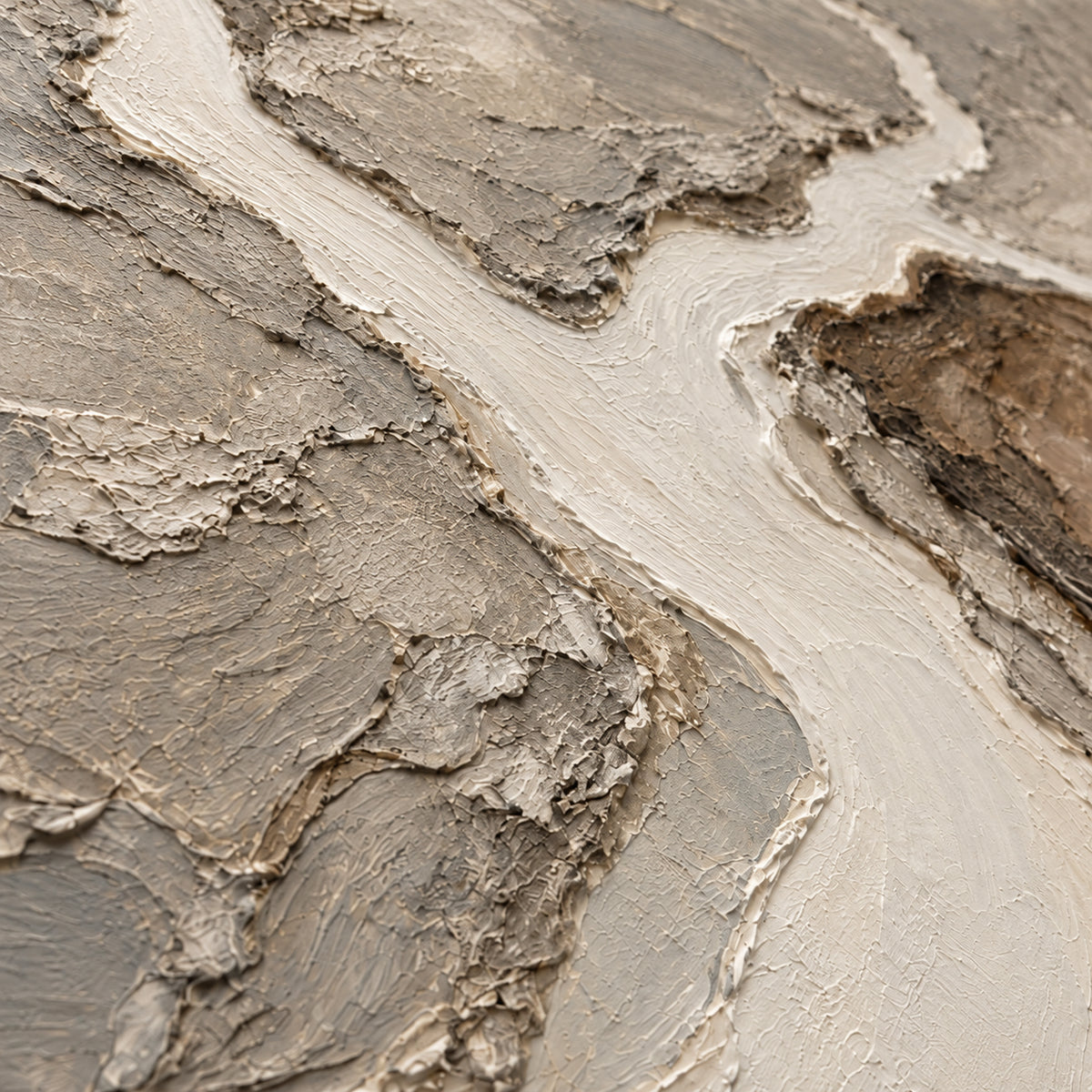 Pale-Confluence oil painting brushwork and impasto detail photographed from an oblique side angle