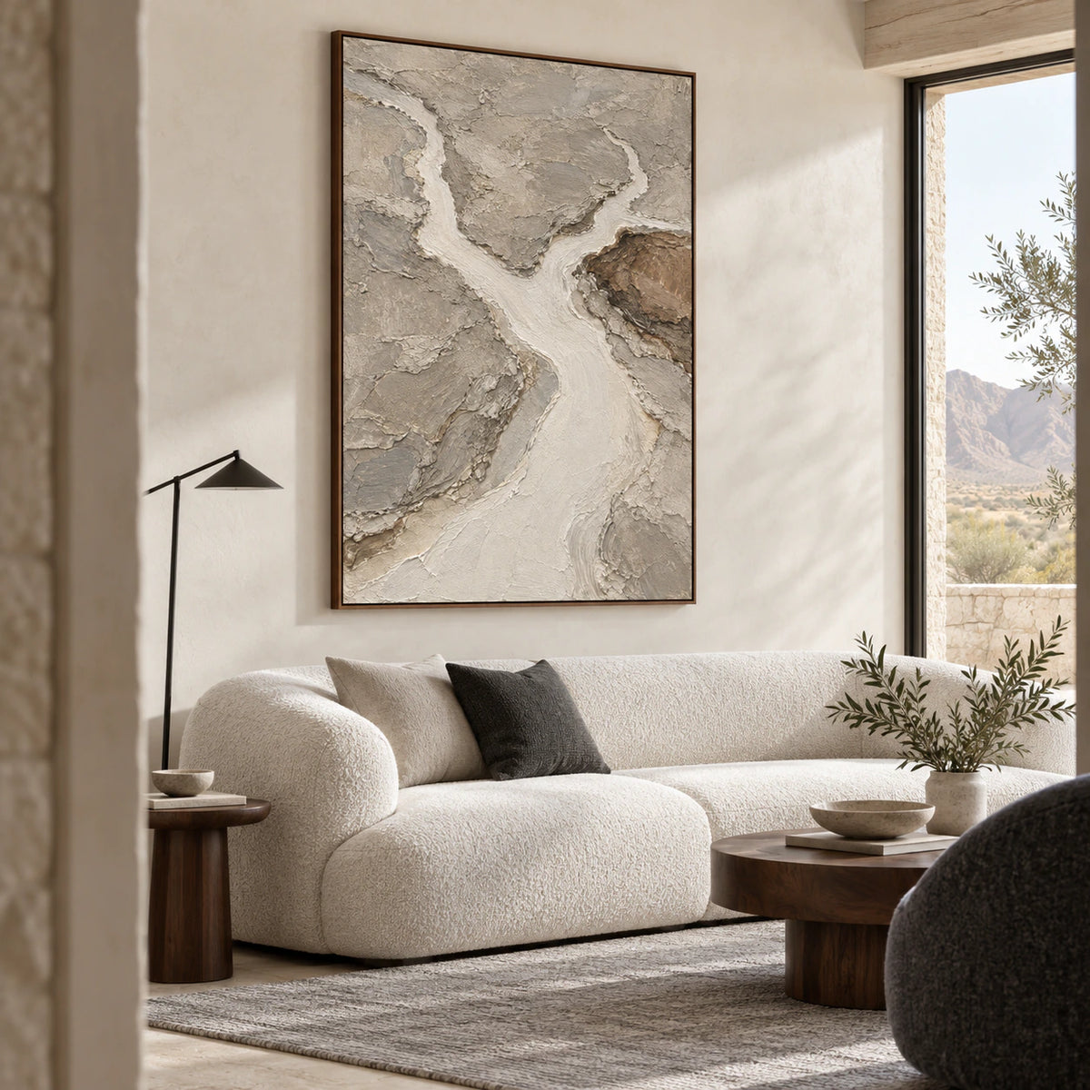 Pale-Confluence above a neutral sofa in a bright contemporary living room.
