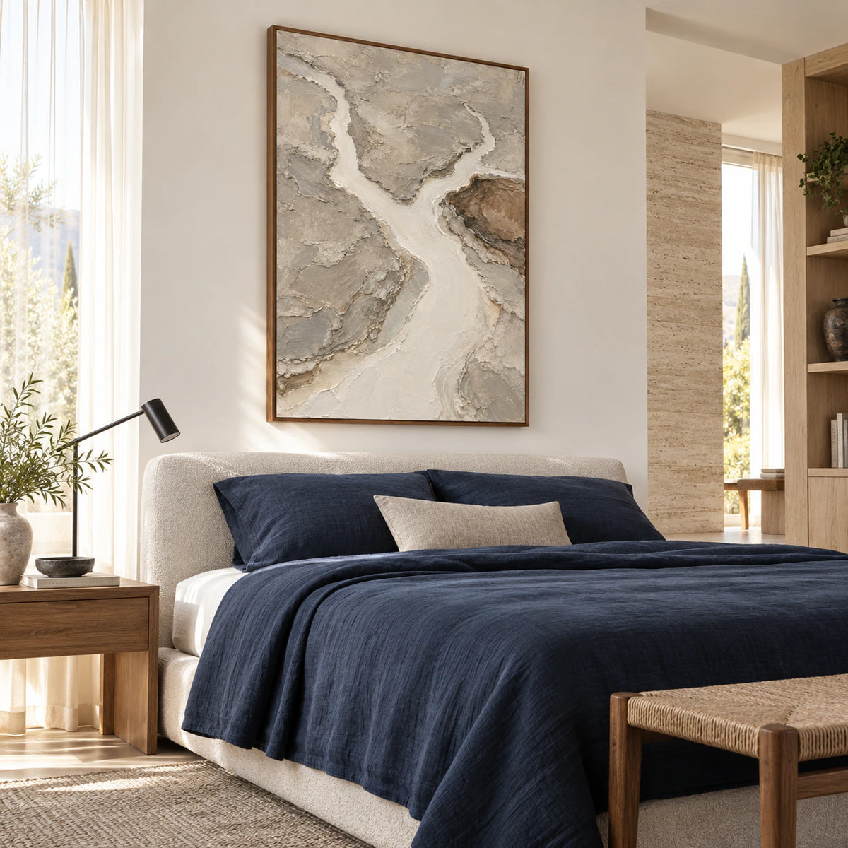 Pale-Confluence above a low bed in a quiet, light-filled bedroom.