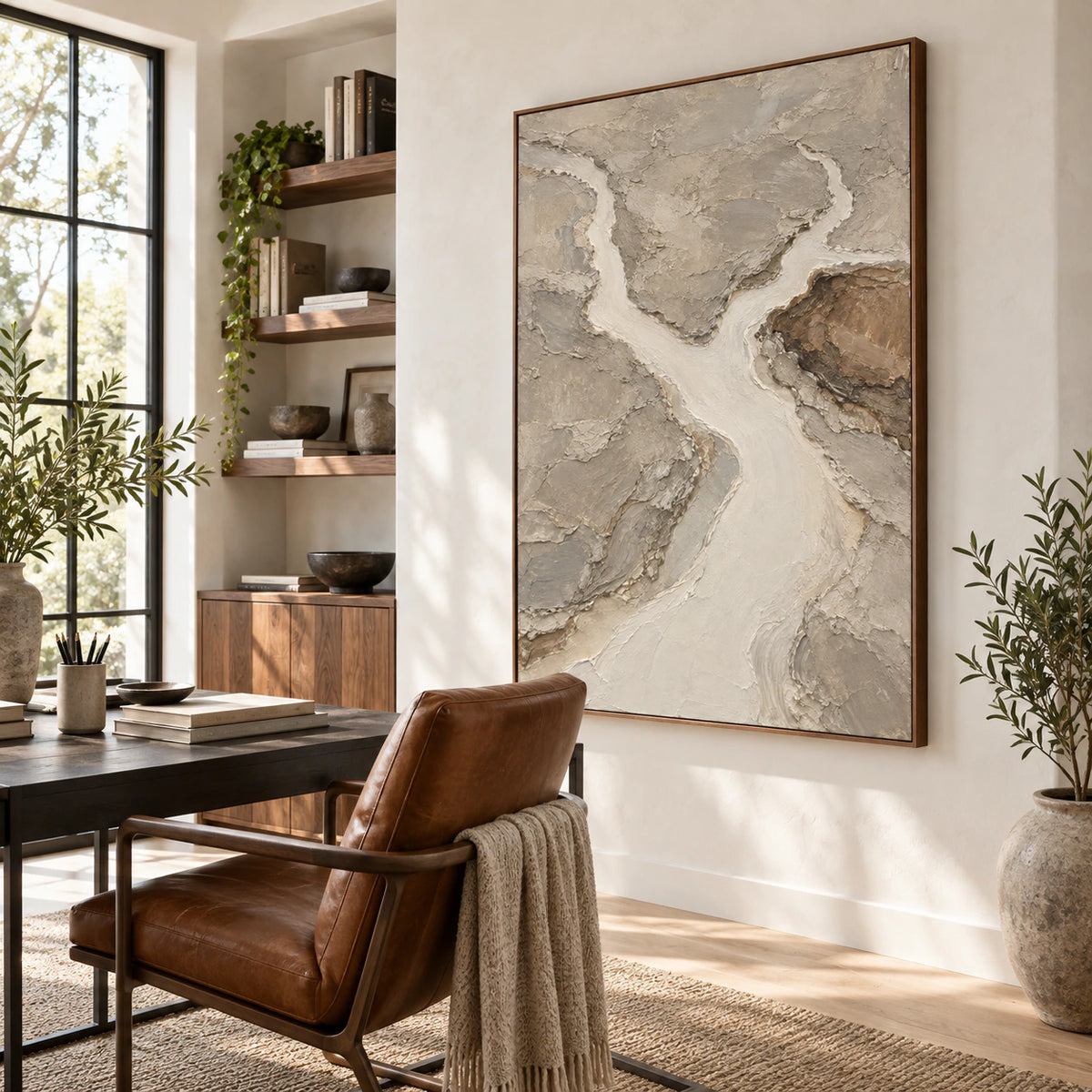 Pale-Confluence in an airy reading and home office space.