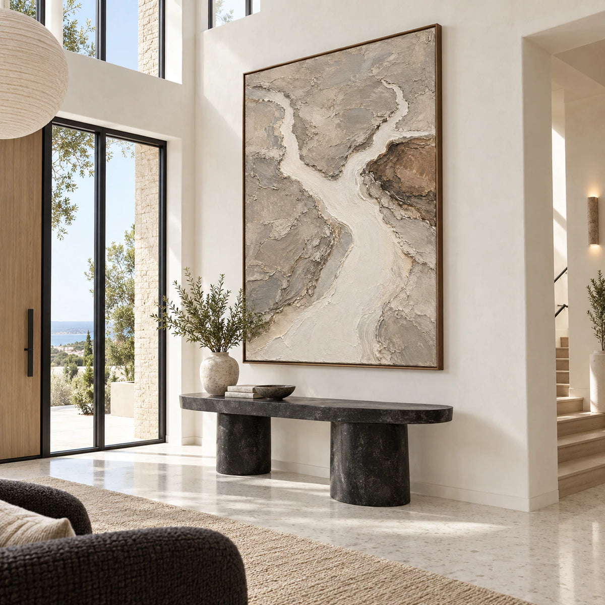 Pale-Confluence as a large focal artwork in a gallery-scale foyer.