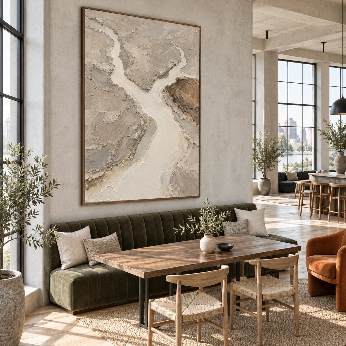 Pale-Confluence in an expansive, daylit loft hospitality interior.