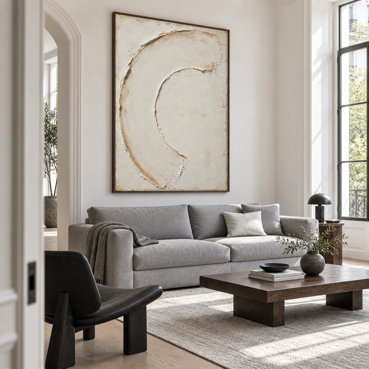 Pale-Crescent as the focal artwork in a bright, restrained living room.