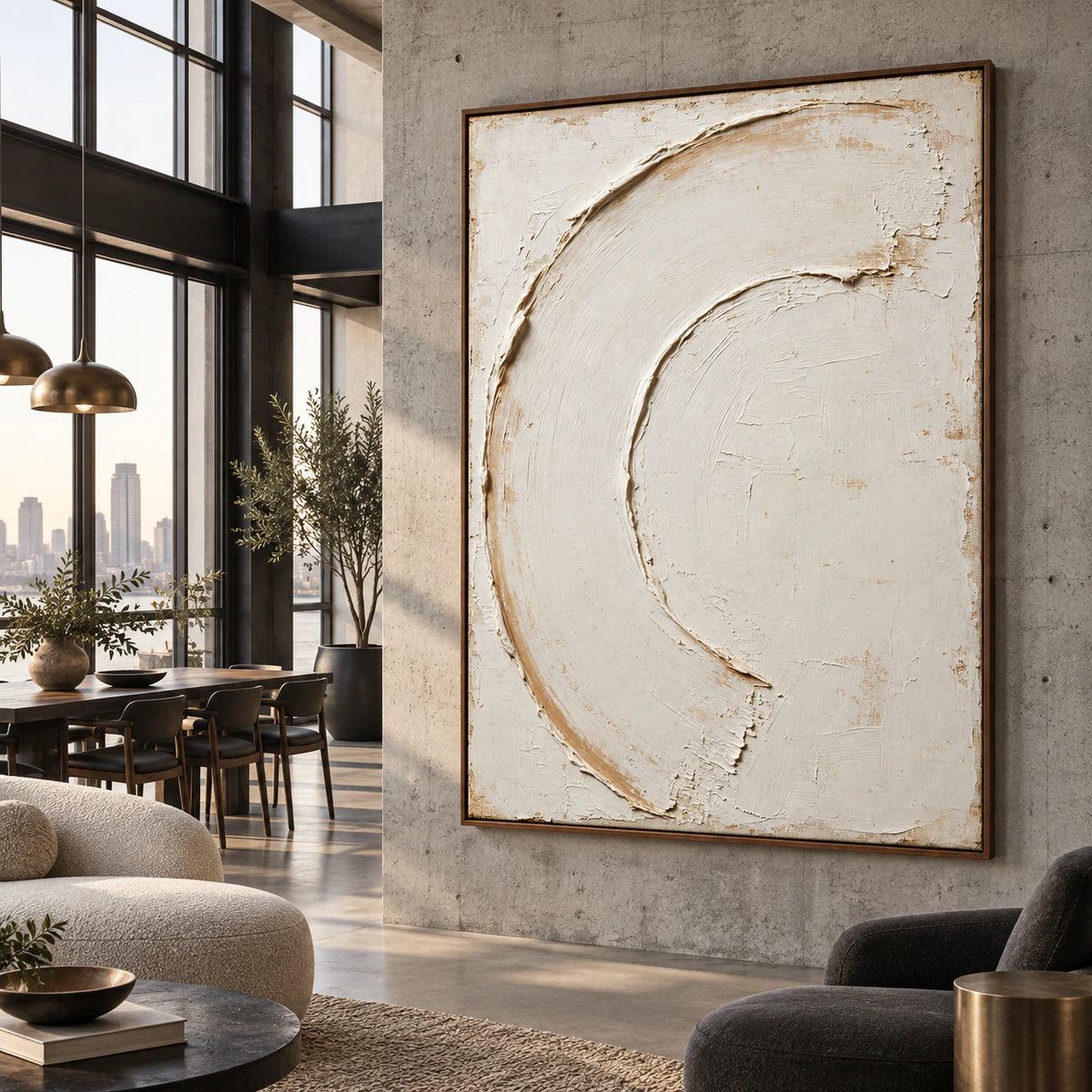 Pale-Crescent anchoring an expansive contemporary hospitality loft.