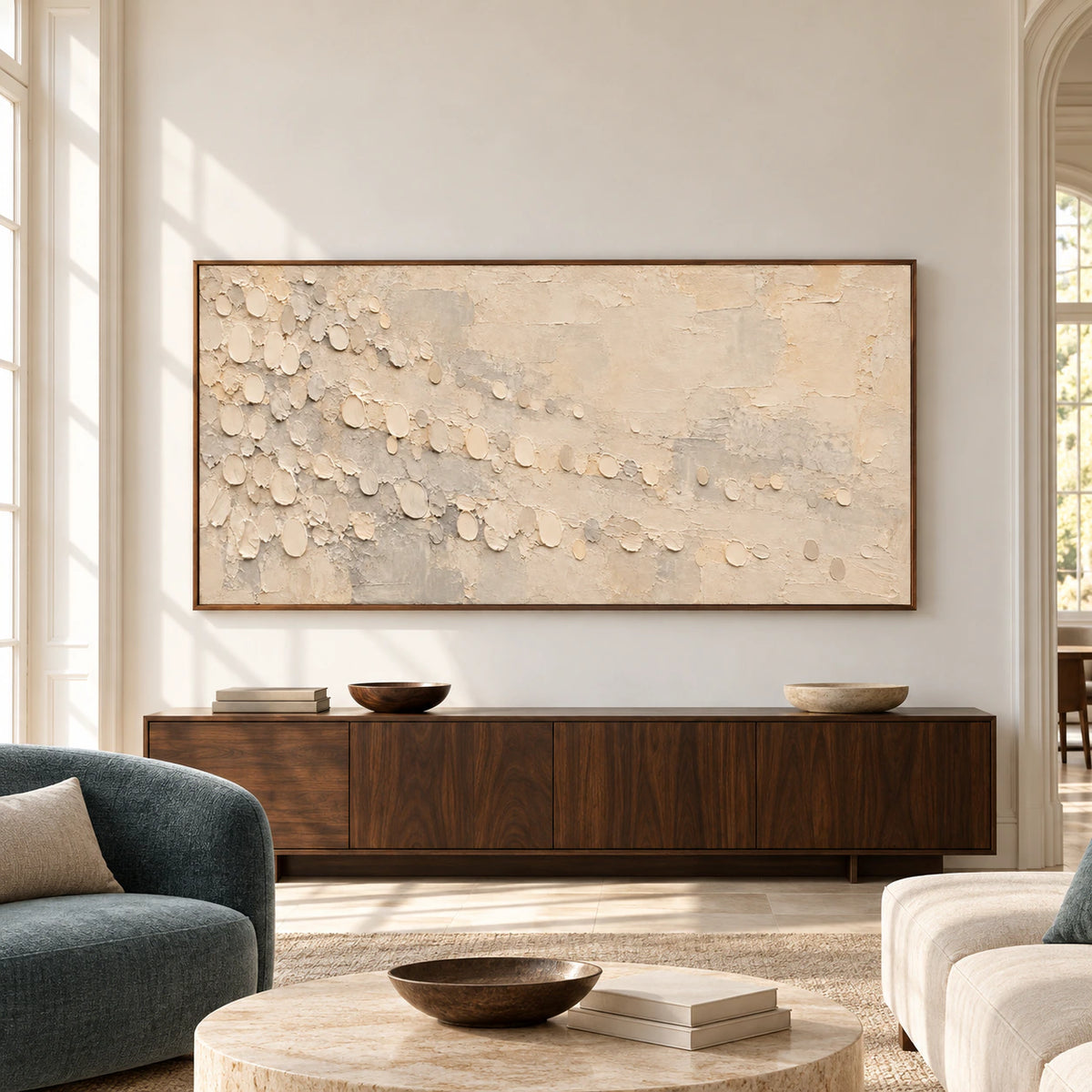 Large horizontal Pale-Drift artwork on a broad wall in a spacious, sunlit room.